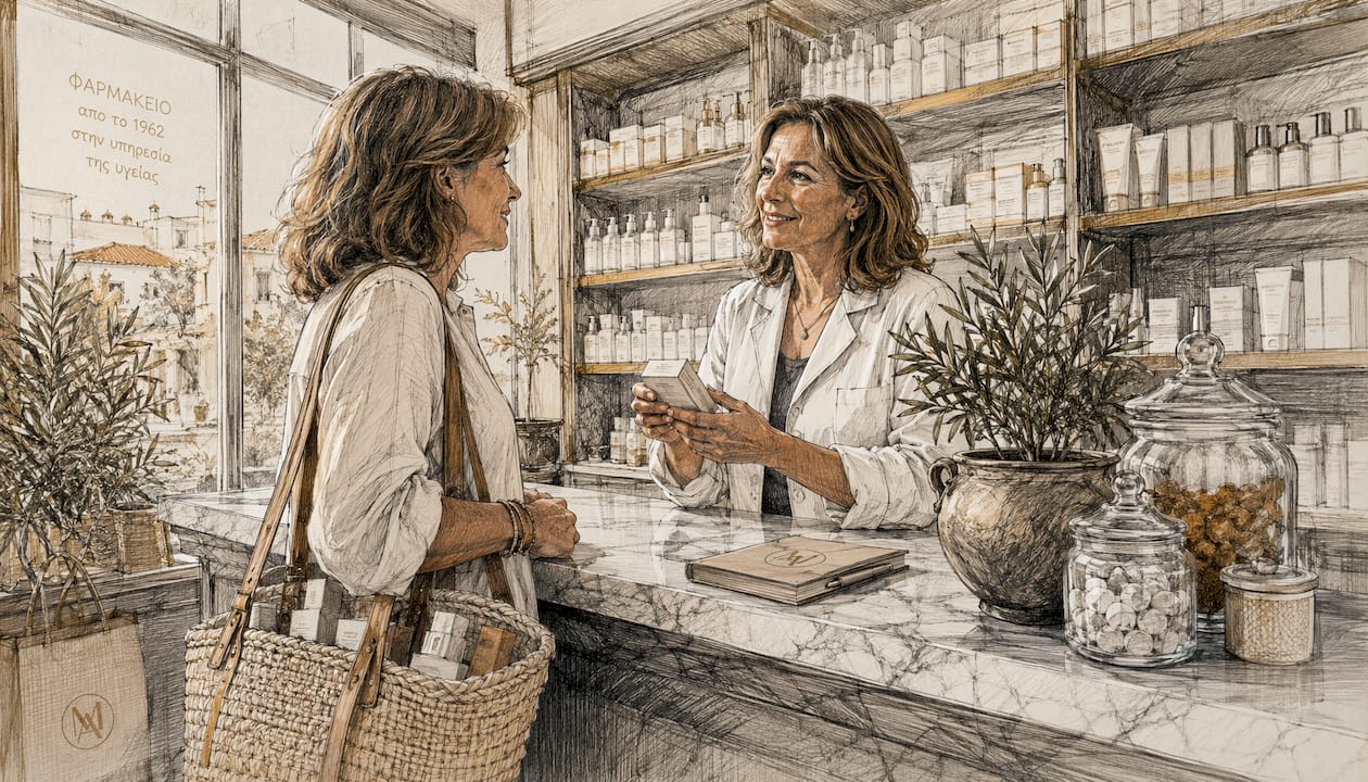 Pharmacist advising woman on skincare products