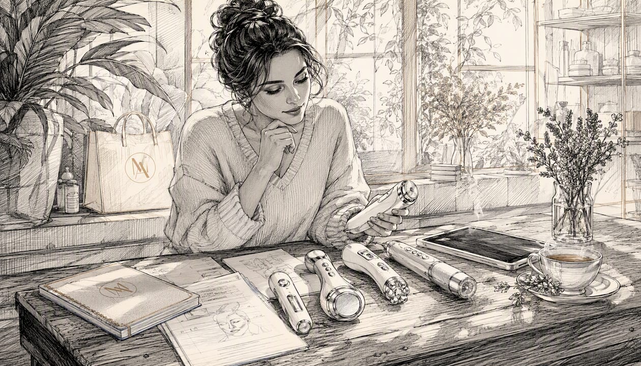 Woman comparing luxury skincare devices at desk