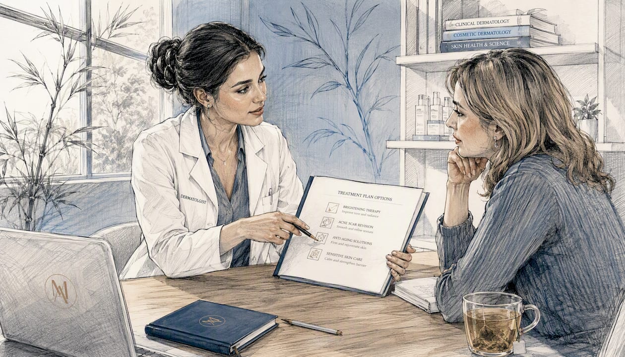 Dermatologist consulting patient about pigmentation