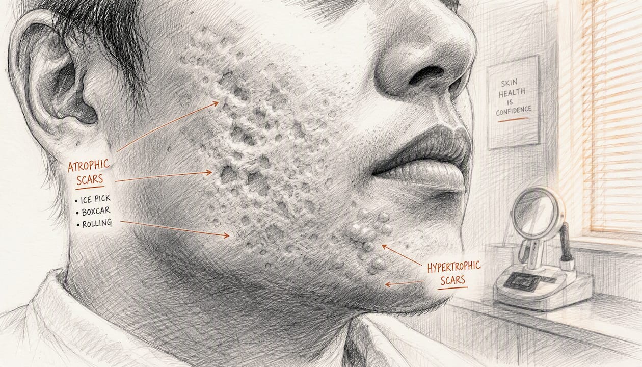 Close-up facial skin showing acne scar textures