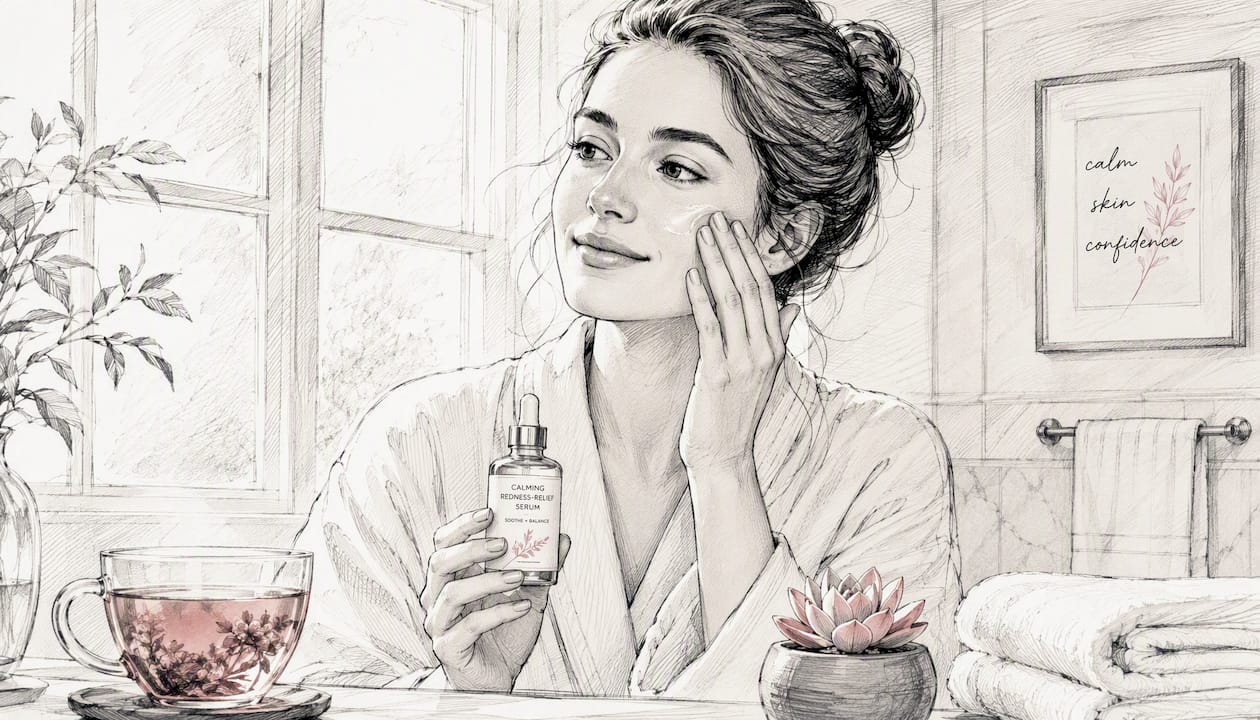 Woman applying redness relief serum to face