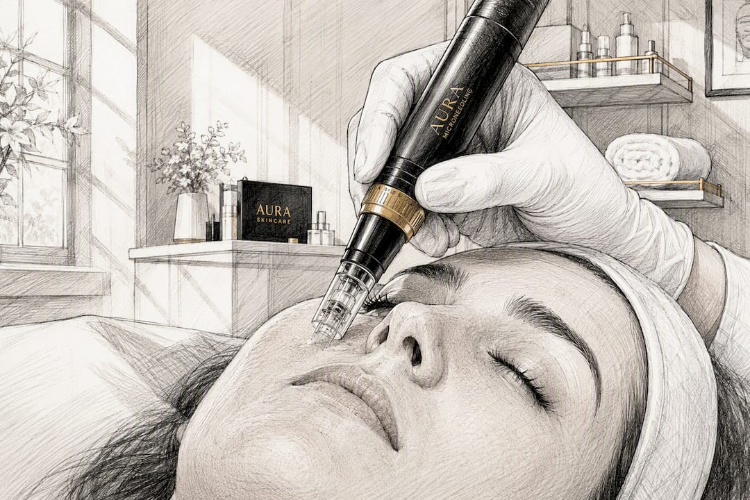 Close-up of microneedling pen on facial skin