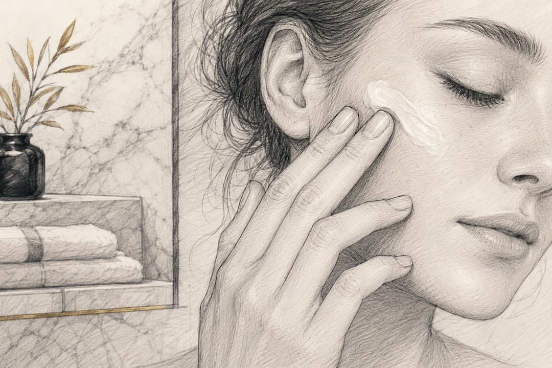 Hands applying triple skincare formula on face