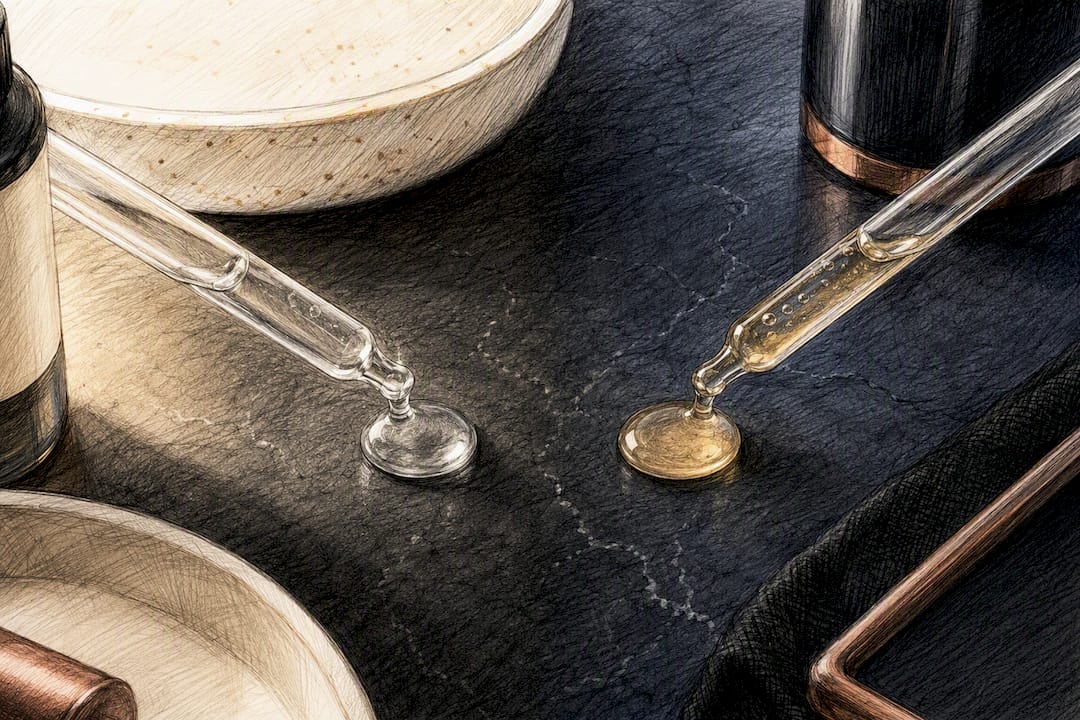 Separated serum droplets in contrasting light