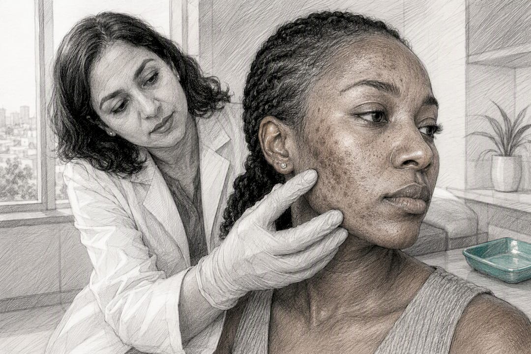 Clinician assessing facial hyperpigmentation on dark skin