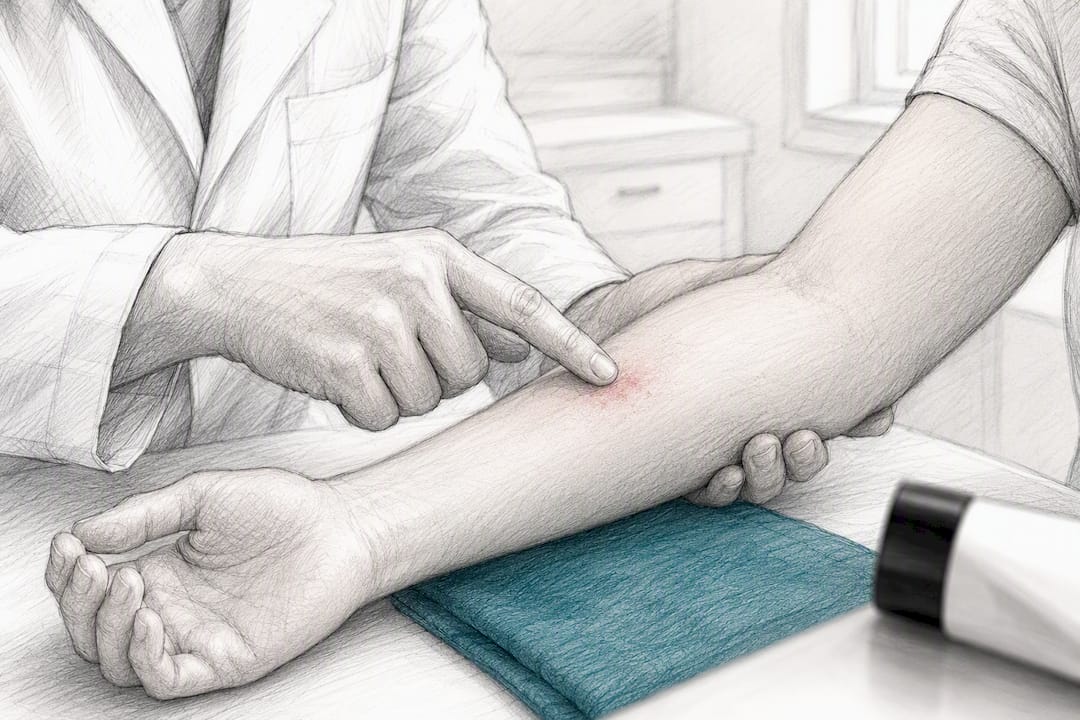 Clinician examining skin irritation during consultation
