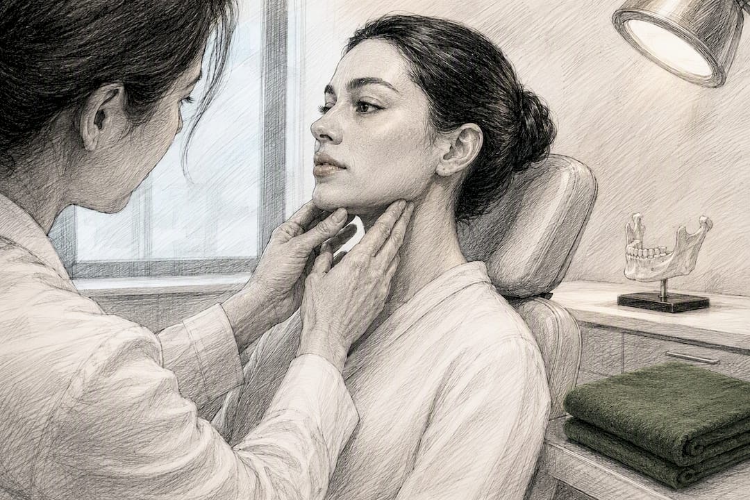 Clinician assessing a patient’s jawline