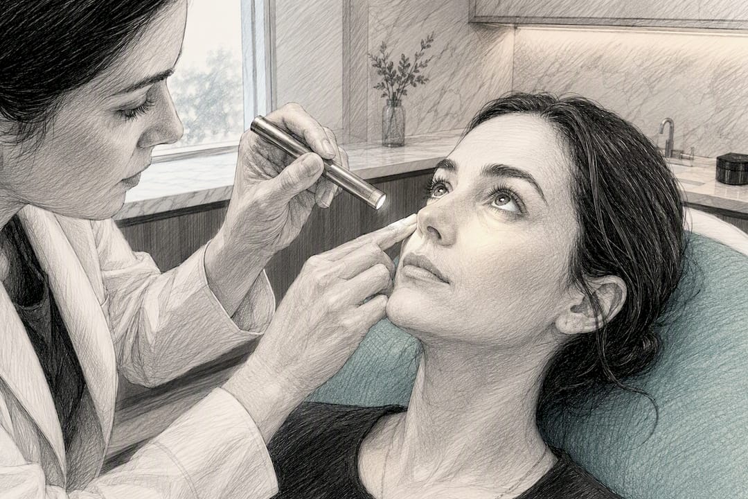 Clinician assessing under-eye skin
