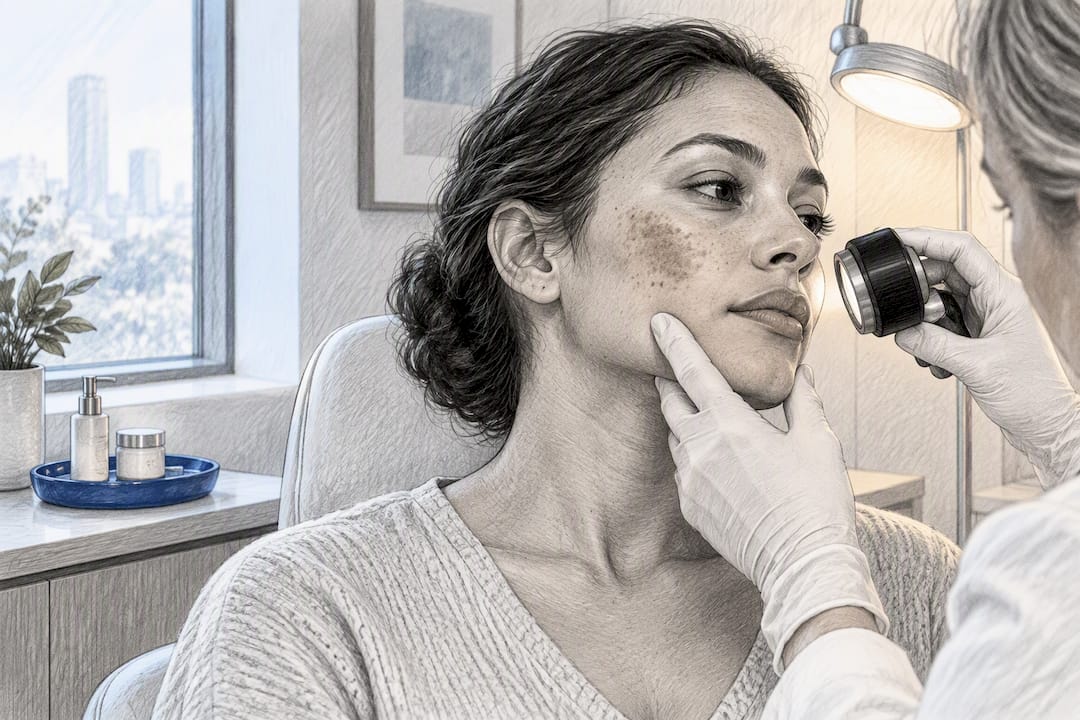 Clinician examining facial pigmentation