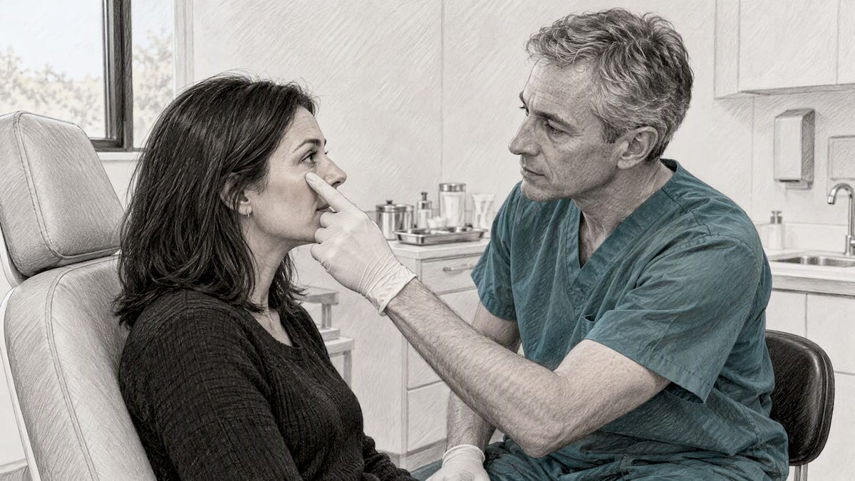 Clinician assessing patient’s under-eye area