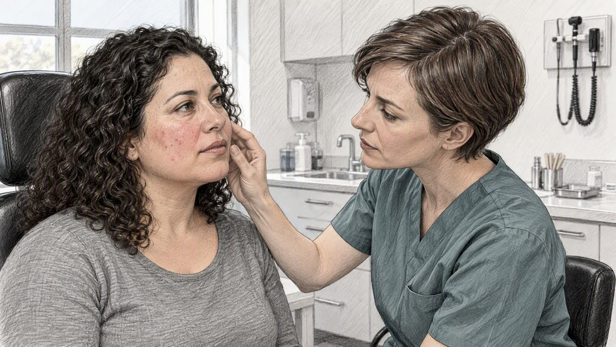 Dermatologist assessing rosacea redness and bumps