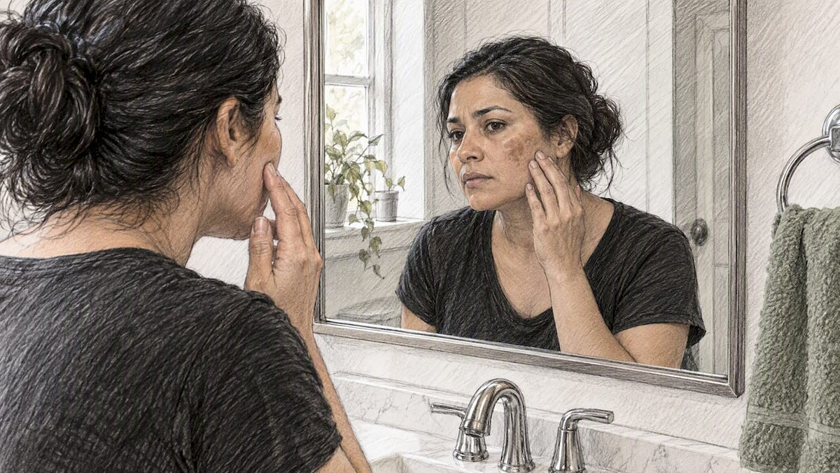 Woman examining facial pigmentation in a mirror