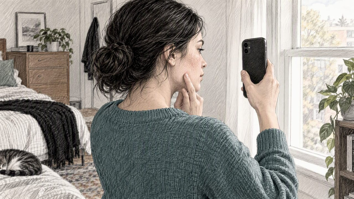 Woman photographing her skin near a window