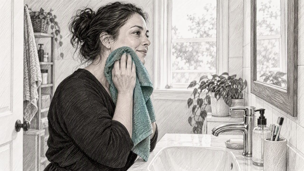Woman gently patting her face dry after washing