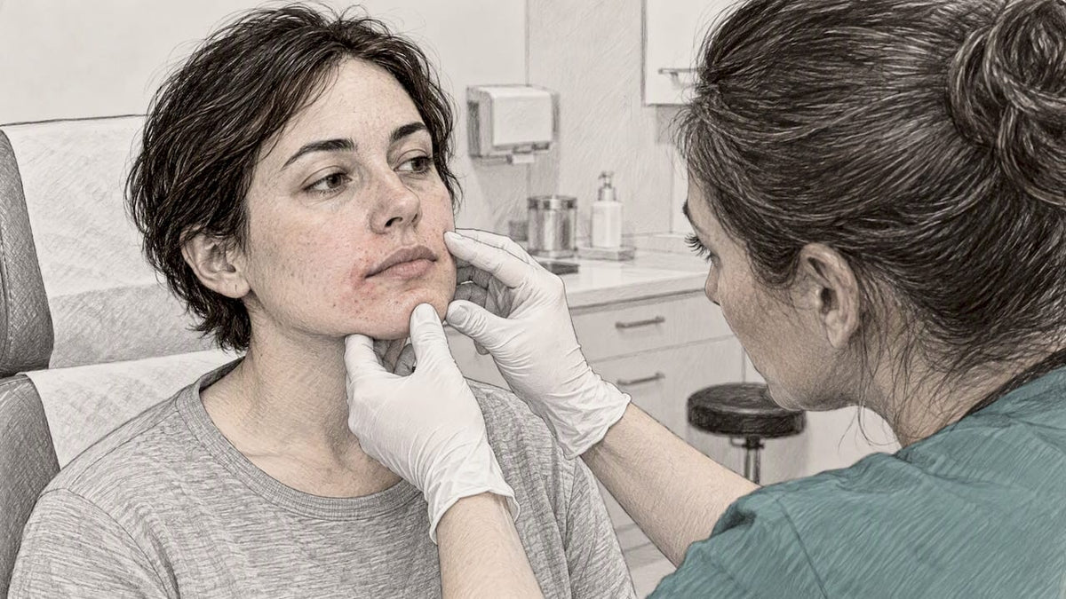 Dermatologist examining a mild rash around the mouth