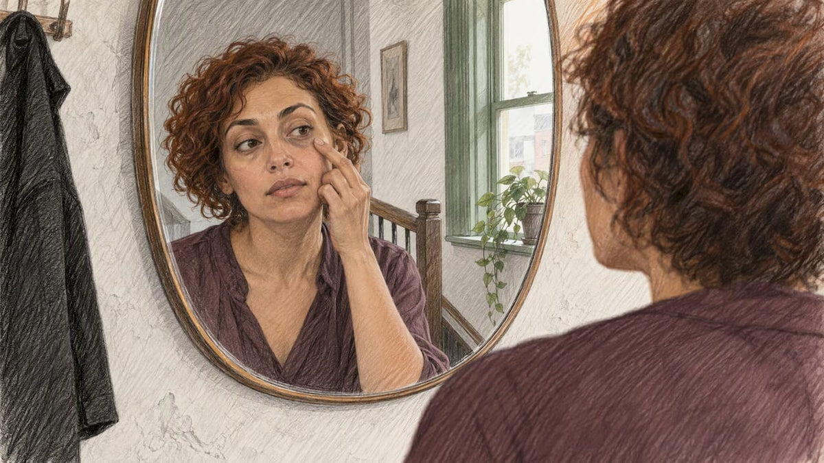Woman checking under-eye shadows in mirror