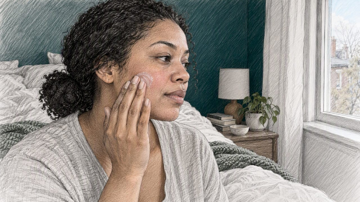 Woman gently applying moisturiser to flushed cheek