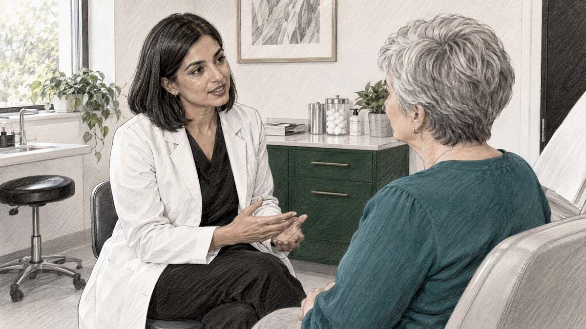 Dermatologist and patient discussing a treatment plan