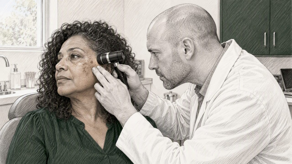 Dermatologist examining sun spots with dermatoscope