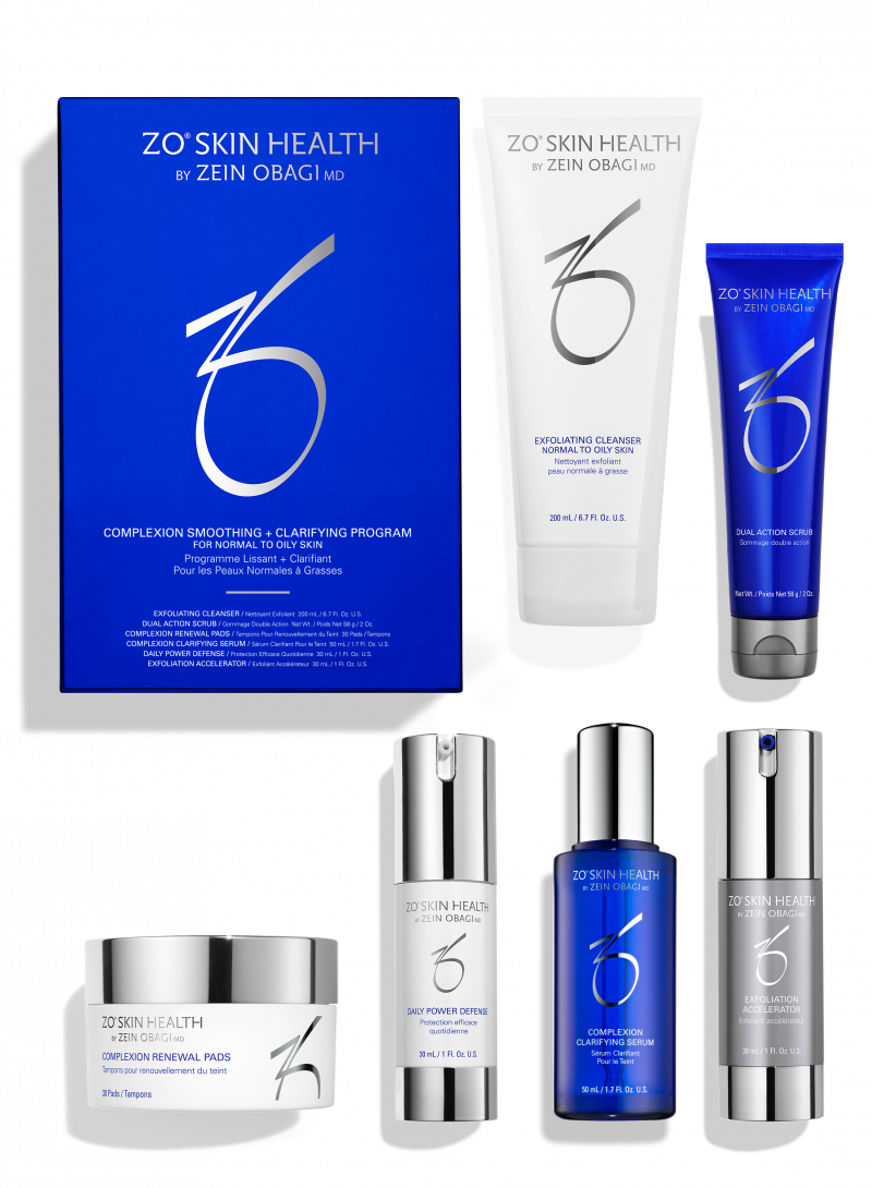 ZO Complexion Smoothing + Clarifying Program six-step skincare kit for oily and blemish-prone skin.