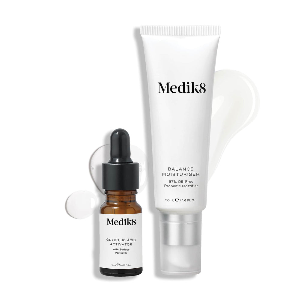 Medik8 Balance Moisturiser & Glycolic Acid Activator—oil-free, dual-action hydrator and exfoliator for balanced, clear skin