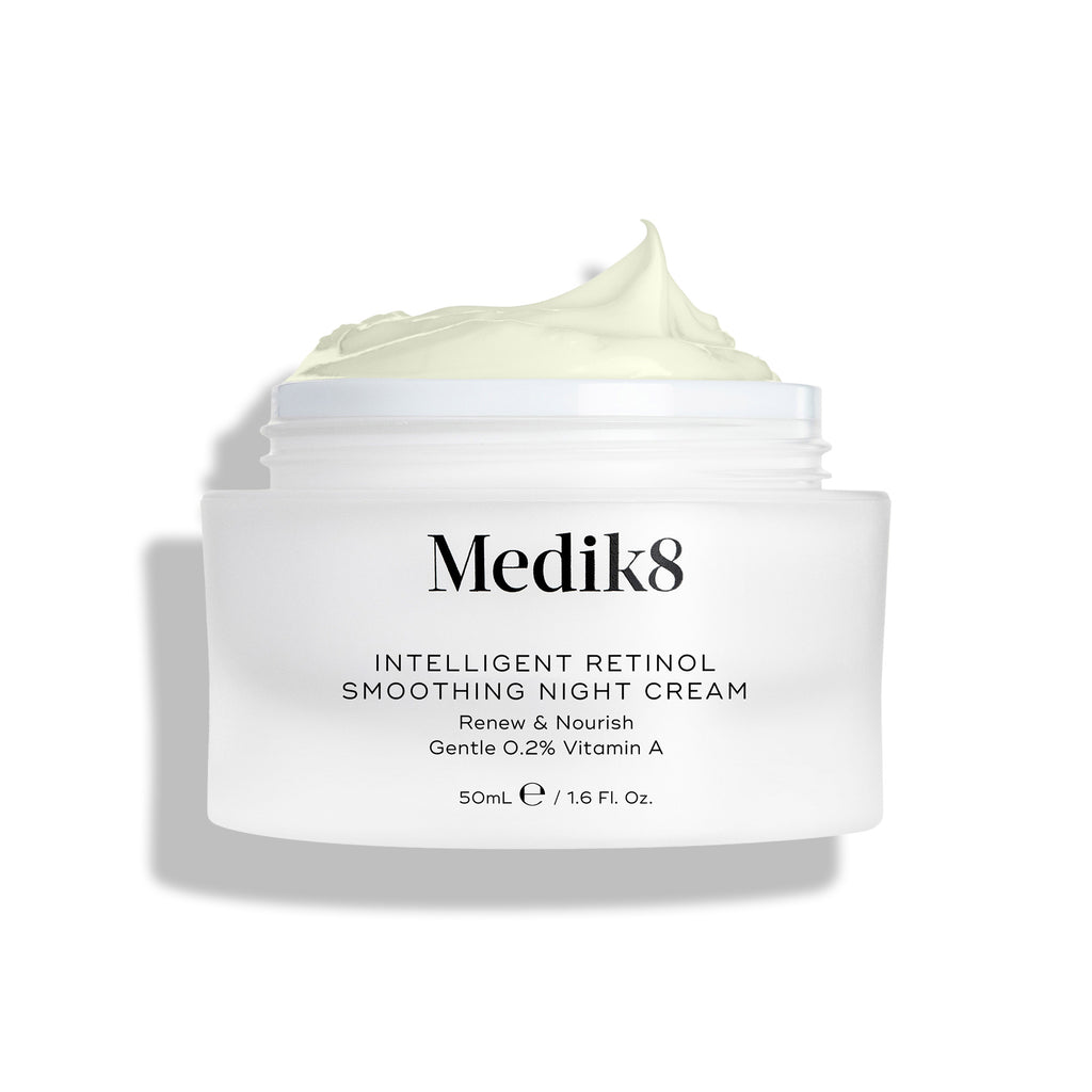 Medik8 Intelligent Retinol Smoothing Night Cream—gentle retinol night treatment for smoother, radiant skin.