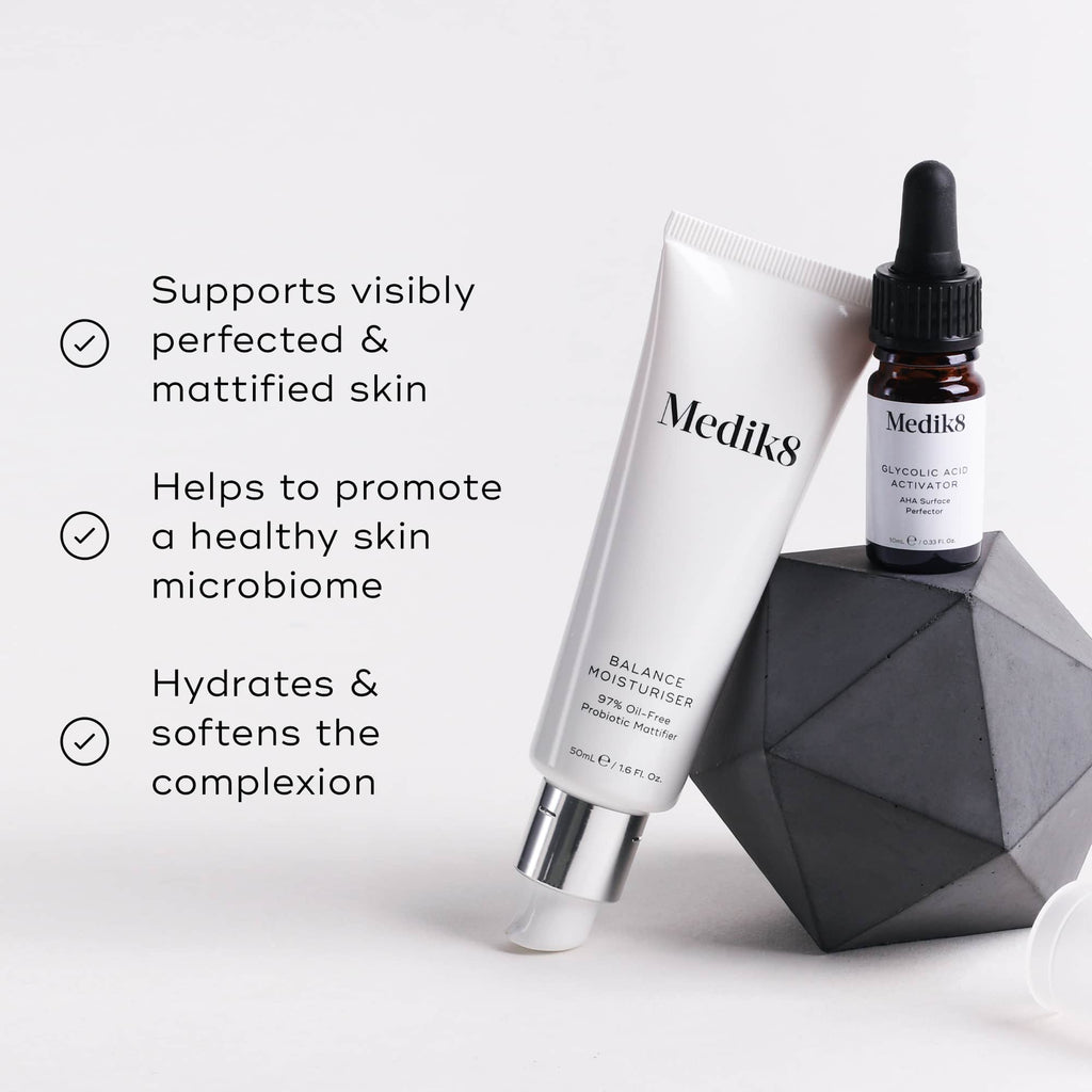 Medik8 Balance Moisturiser & Glycolic Acid Activator—oil-free, dual-action hydrator and exfoliator for balanced, clear skin