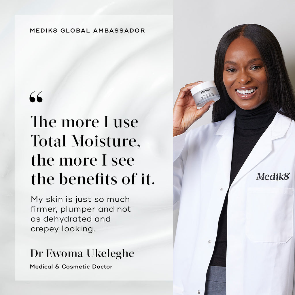 Total Moisture Cream texture by Medik8—fragrance-free, fast-absorbing daily moisturizer for all skin types.