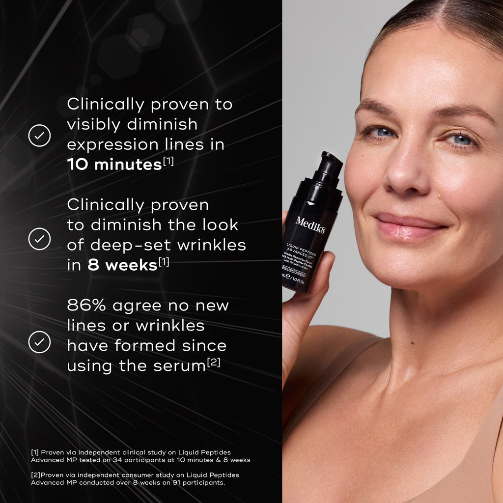 Woman holding a skincare serum with text on clinical benefits on a black background