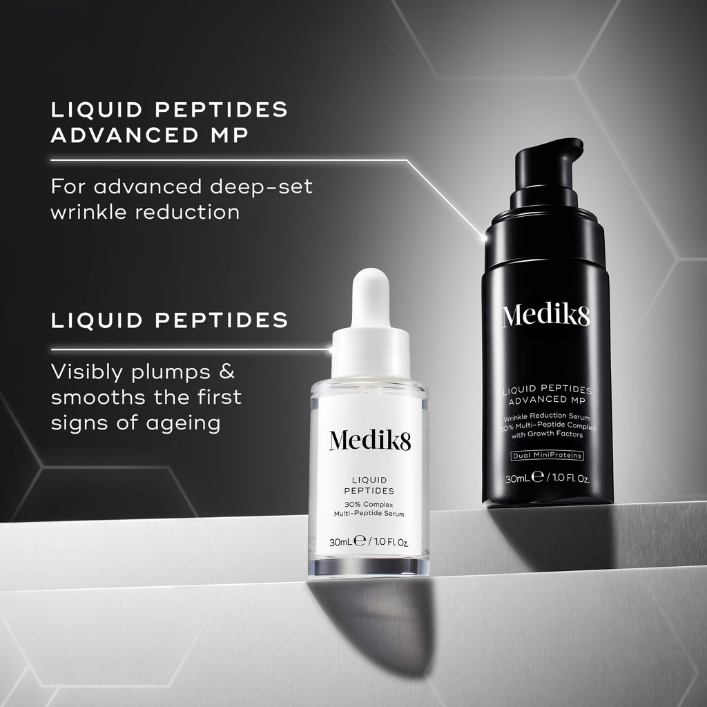 Medik8 Liquid Peptides and Liquid Peptides Advanced MP comparison on a gray background