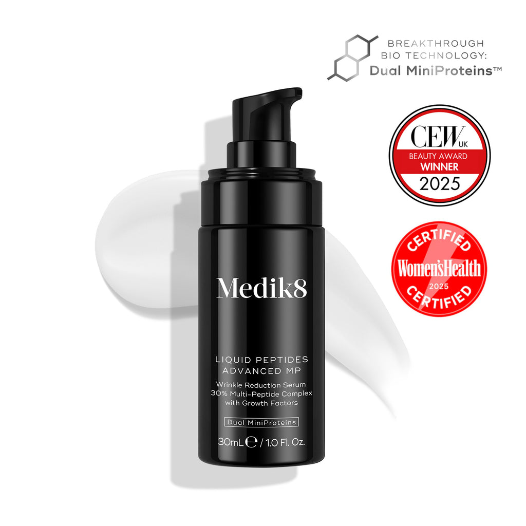 Medik8 Liquid Peptides Advanced MP serum—advanced peptide formula for rapid wrinkle reduction and hydration.