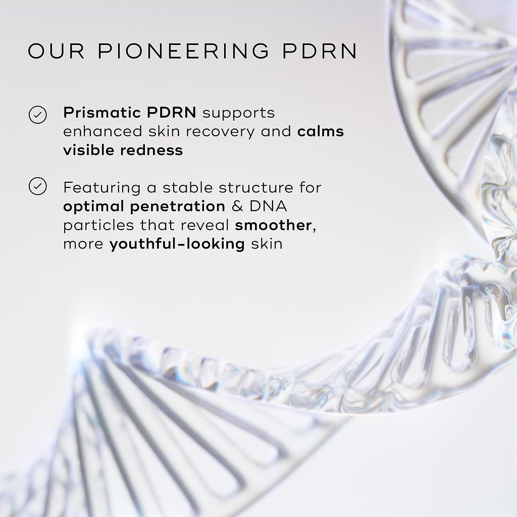Promotional graphic about Prismatic PDRN with a DNA strand illustration on a light background.
