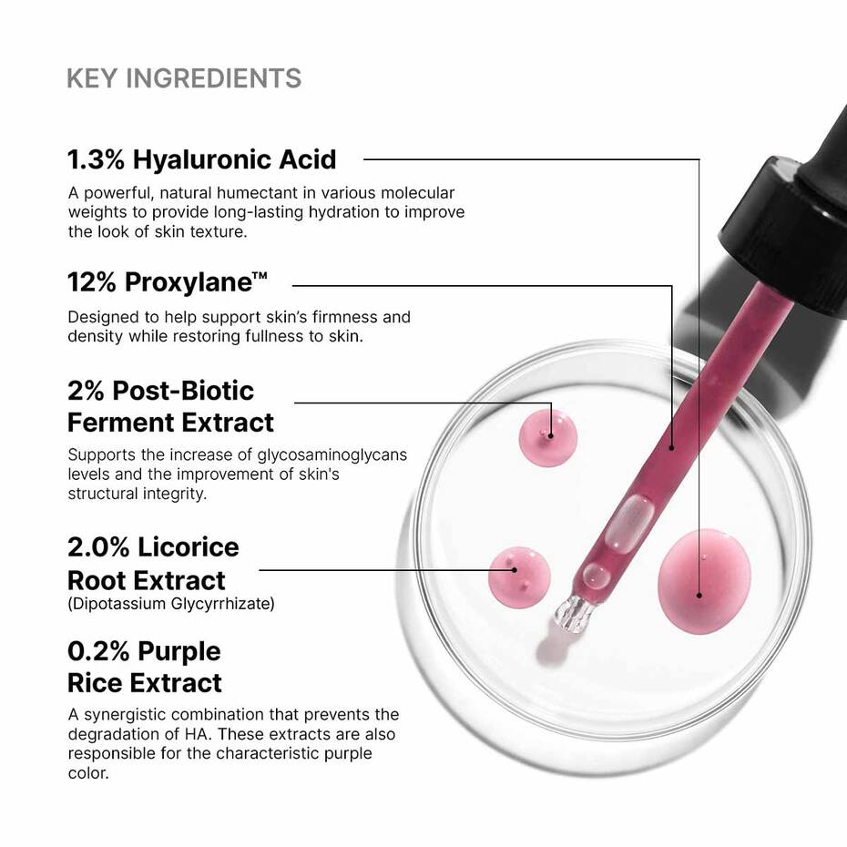 Texture of HA Intensifier serum—lightweight, purple‑tinged formula for instant plumpness.