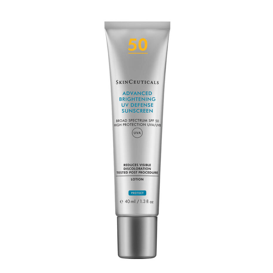 SkinCeuticals Advanced Brightening UV Defense SPF 50 tube—lightweight brightening sunscreen for face.