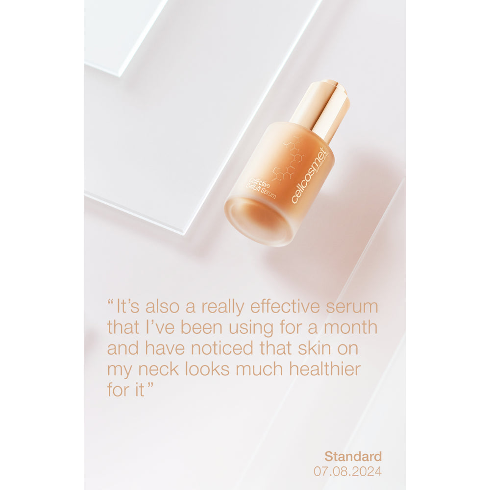 CellLift Serum packaging by Cellcosmet review—luxury skincare for radiant complexion.