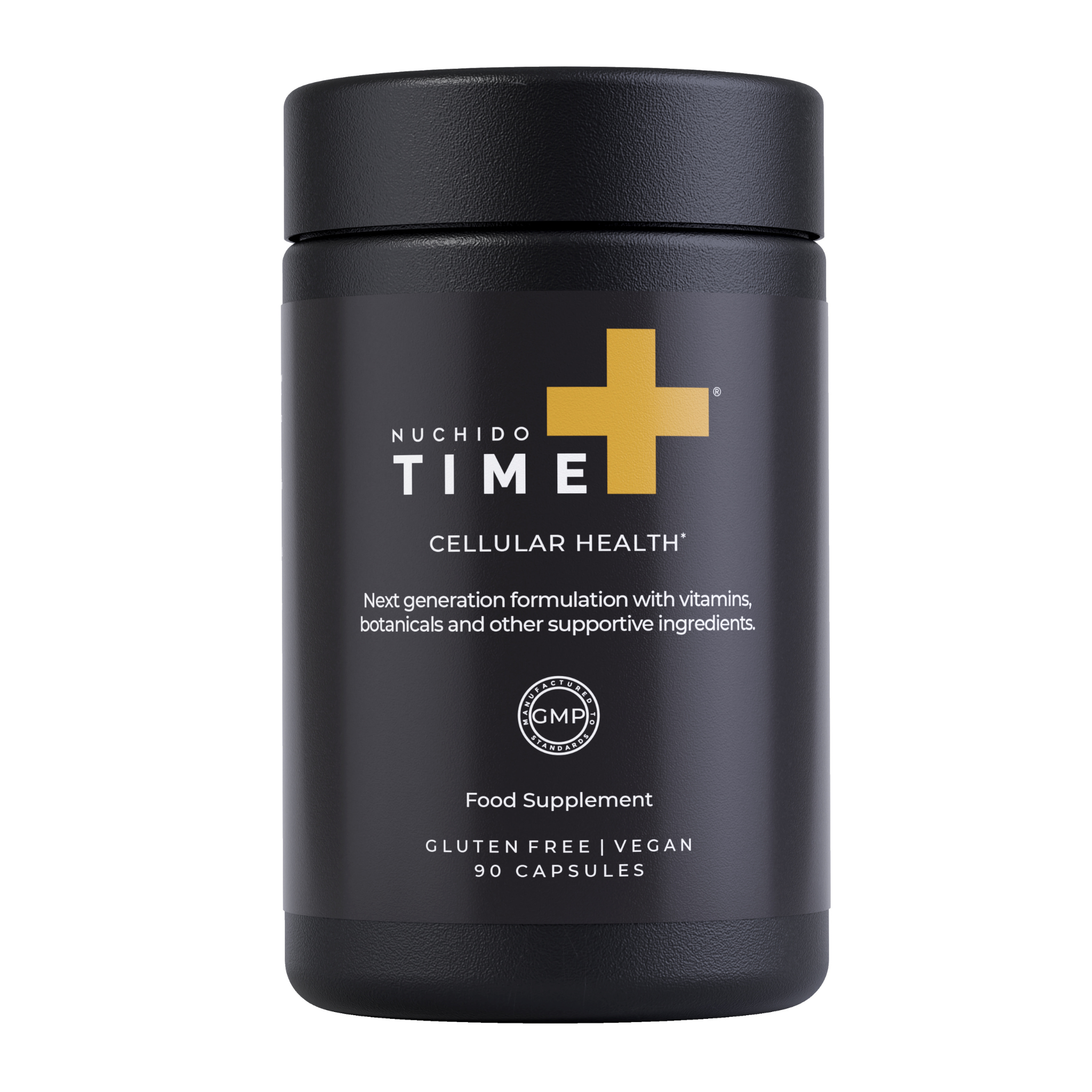 Nuchido Time+ supplement bottle. Advanced NAD+ booster for healthy aging.