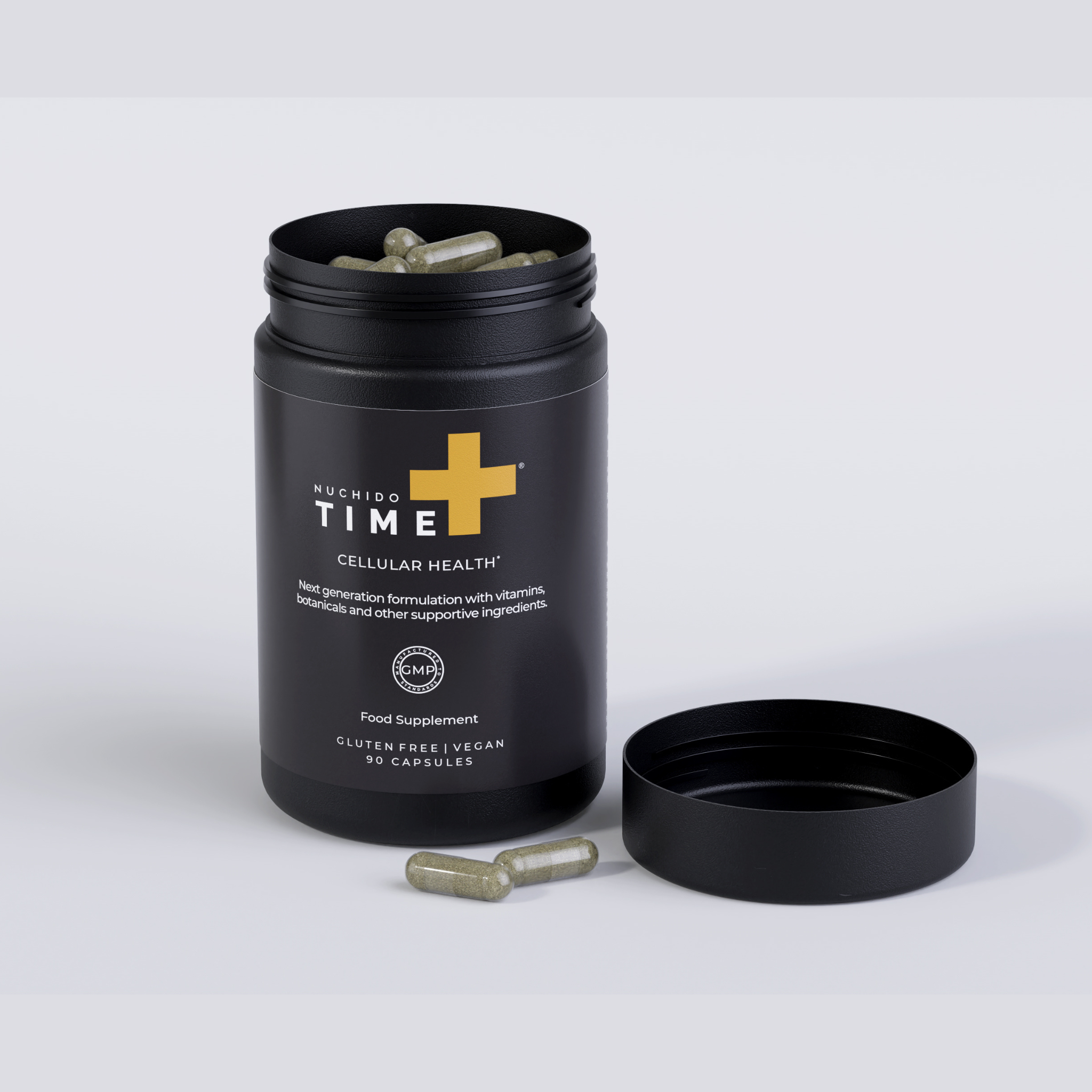 Nuchido Time+ capsules. Science-backed supplement for cellular energy and repair.