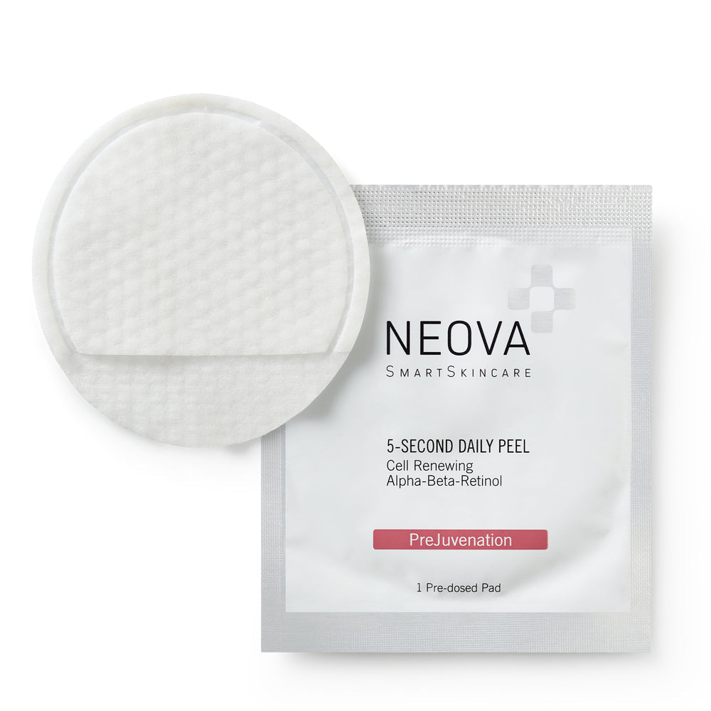 Neova peel pad packaging—portable, pre-dosed daily peel for smooth, glowing skin.