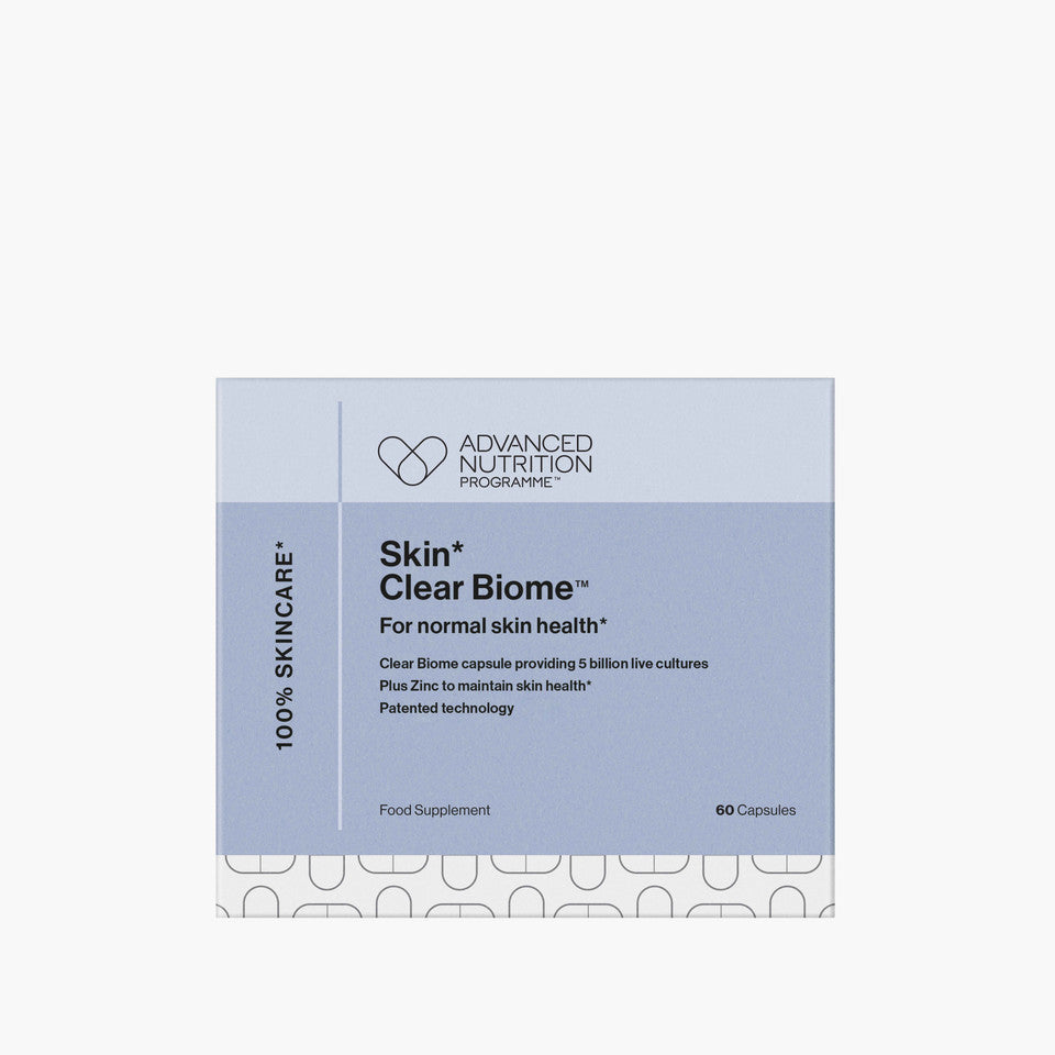 Advanced Nutrition Programme Skin Clear Biome supplement with zinc and live cultures for stressed, problem-prone skin.