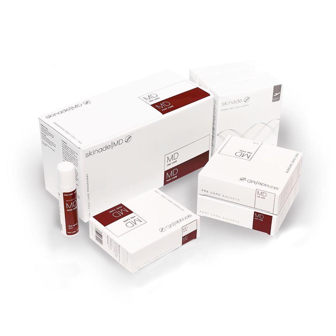 A set of skincare product boxes and a small tube from Skinode MD, including MD Cify and MD Pre-Care Magnets, arranged on a clean white background. Skinade MD pre-care liquid sachets and capsules prepared as directed before an aesthetic procedure.