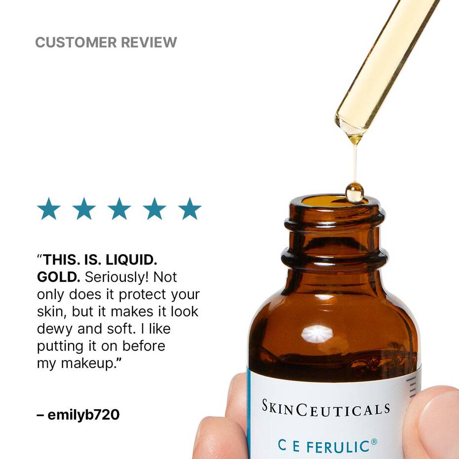 Texture of CE Ferulic serum—lightweight vitamin C serum for daily free radical defense.