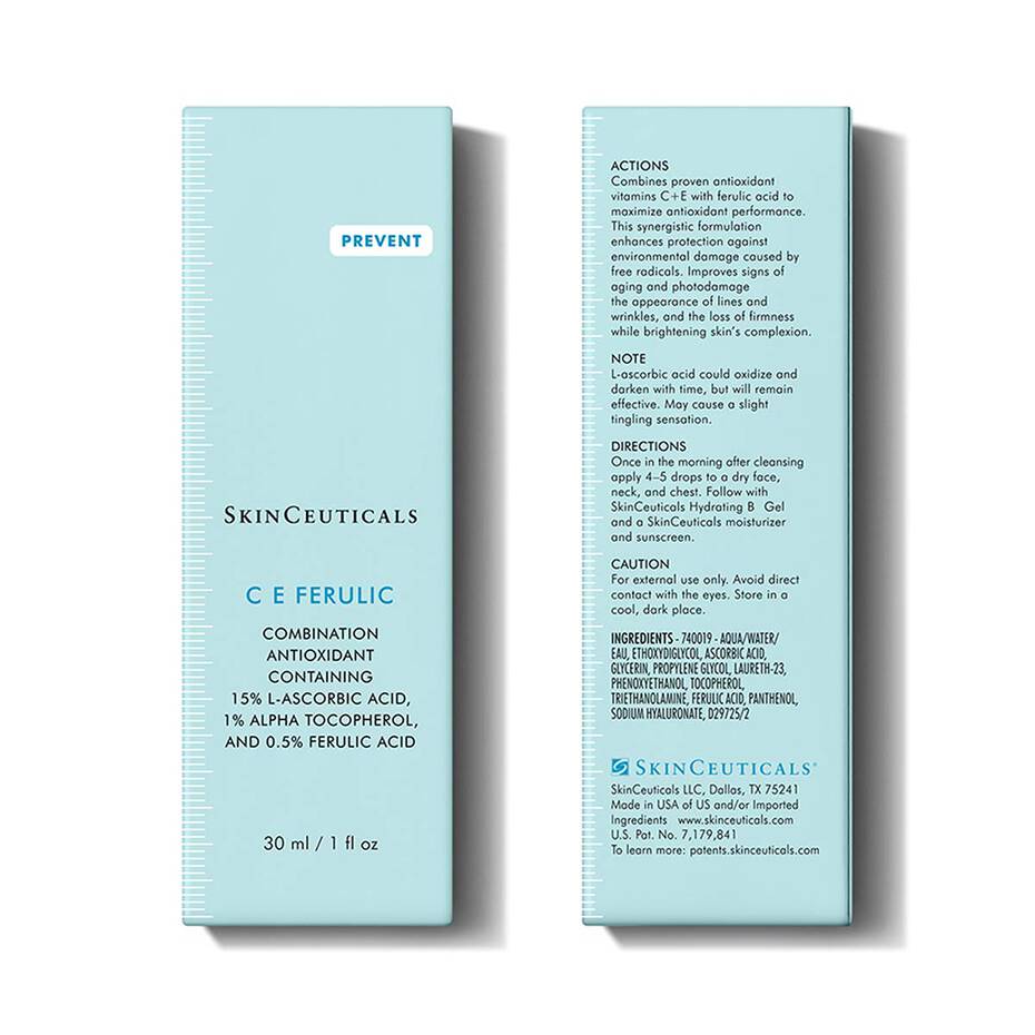 SkinCeuticals CE Ferulic serum packaging—15% vitamin C with ferulic acid for antioxidant protection.