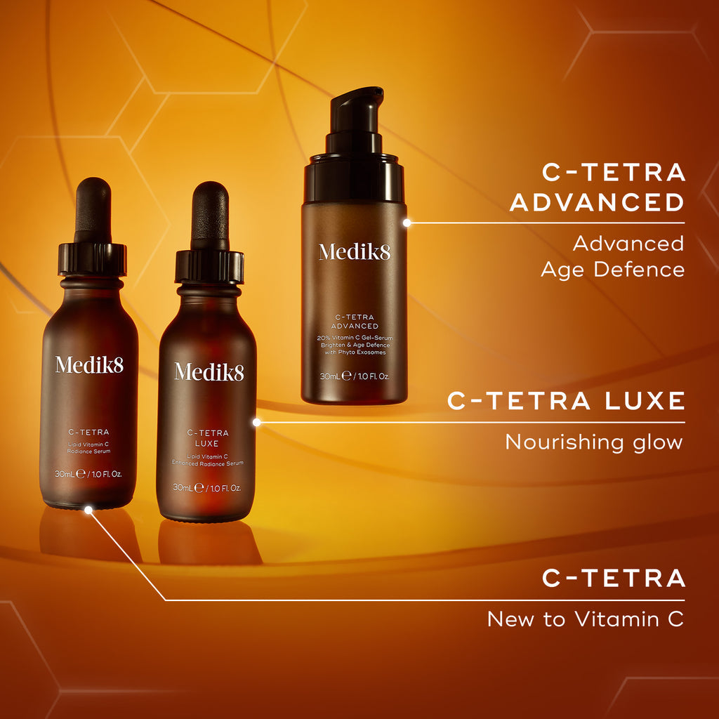 Medik8 skincare products on an orange background comparing C-Tetra, C-Tetra Luxe and C-Tetra Advanced.