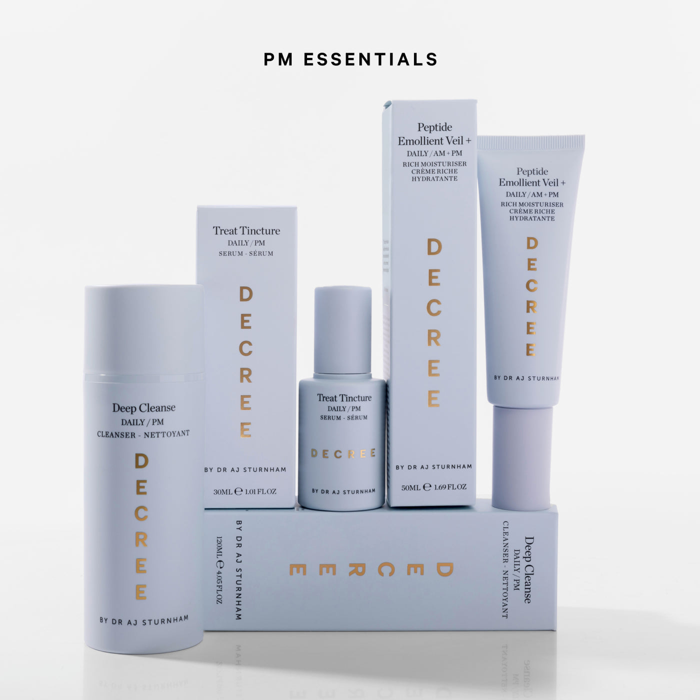 A collection of skincare products from the brand DECREES, including a cleanser, toner, and peeling serum, arranged on a white platform with the text 'PM ESSENTIALS' above them.