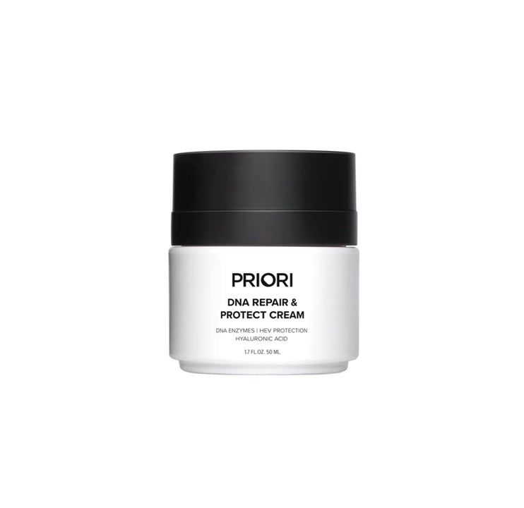 A white cosmetic jar with a black lid labeled PRIORI DNA REPAIR & PROTECT CREAM, centered on a plain white background.