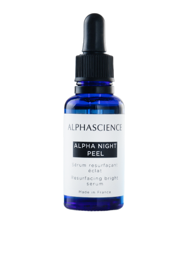 Alpha Night Peel serum bottle by Alphascience on a white background