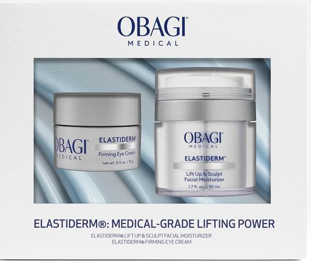 Obagi Medical Elastiderm skincare products with packaging on a light background