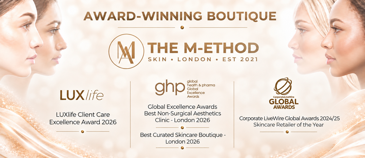 Promotional banner for The M-ethod Skin London, featuring award-winning boutique branding, client care excellence award 2026, Global Excellence Awards 2026, and Global LiveWire Global Awards 2024/25, with elegant portraits of women on a warm beige background.