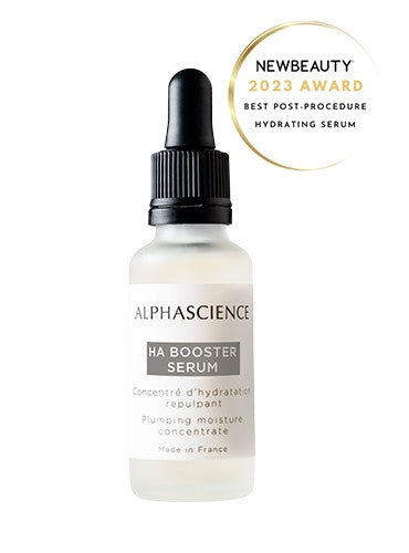 AlphaScience HA Booster Serum bottle with dropper on a white background, featuring a NewBeauty 2023 Award badge.