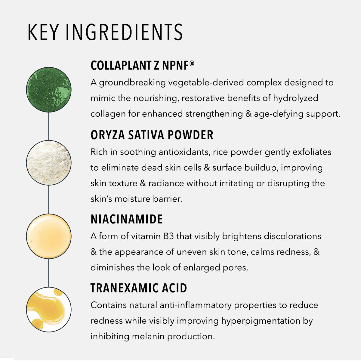HydroPeptide Foaming Cream Cleanser with ingredient callouts for rice powder, niacinamide and tranexamic acid.